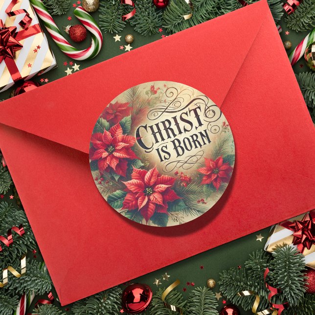 Pegatina Redonda Cristo es Navidades nacidos Poinsettia Religiosa (Subido por el creador)