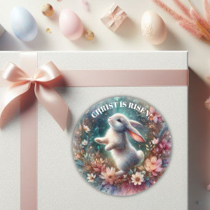 Pegatina Redonda Cristo es Risen Floral Feliz Conejo de Pascua