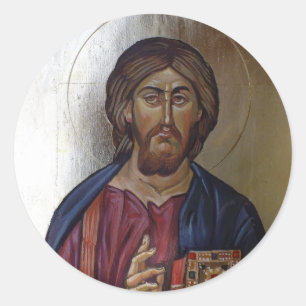 Pegatina Redonda Cristo Pantocrator - icono bizantino del estilo
