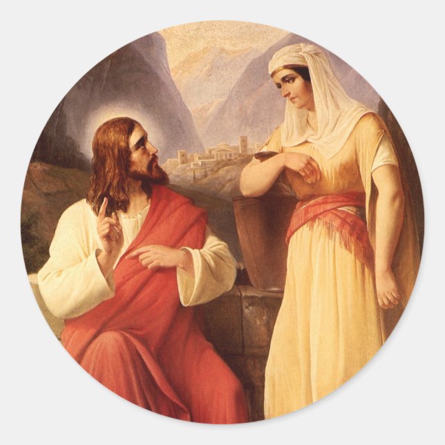 Pegatina Redonda Cristo y el samaritano por Christian Schleisner (Anverso)