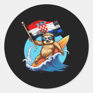 Pegatina Redonda Croacia Surfing Sloth Bandera de Croacia Surf Croa