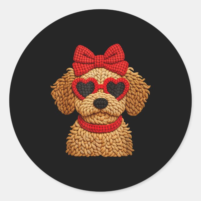 Pegatina Redonda Crochet Puppy Heart Sungles Red Bow Valentines Day (Anverso)