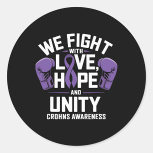 Pegatina Redonda Crohman Awareness Love Hope Unity Purple Ribbon Bo