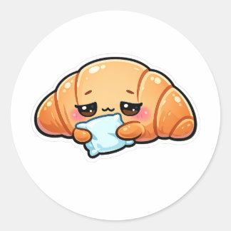 Pegatina Redonda Croissant Kawaii Dormido que Abraza Almohada