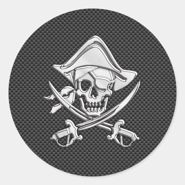 Pegatina Redonda Cromado como pirata en fibra de carbono negro (Anverso)