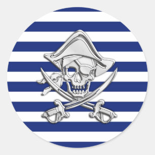 Pegatina Redonda Cromado como pirata en franjas náuticas