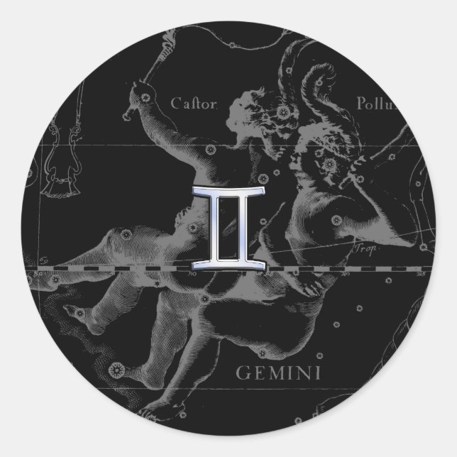 Pegatina Redonda Cromo plateado como Rótulo Gemini Zodiac en Heveli (Anverso)