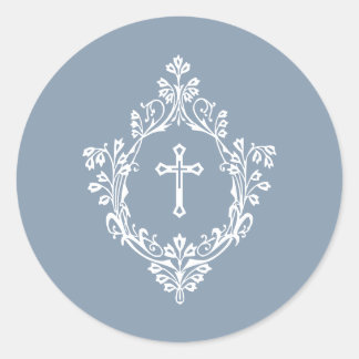 Pegatina Redonda Cross in Crest Dusty Blue White Elegant Vintage