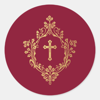 Pegatina Redonda Cross in Crest Red Faux Gold Foil Vintage Burgundy