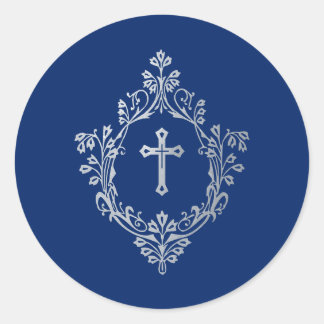 Pegatina Redonda Cross in Crest Royal Blue Faux Silver  Religious 