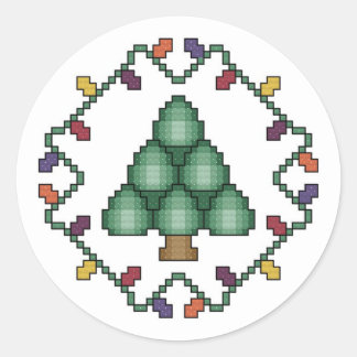 Pegatina Redonda Cross Stitch de árbol de Navidad