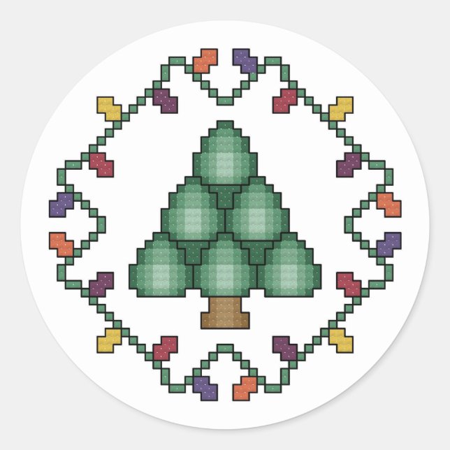 Pegatina Redonda Cross Stitch de árbol de Navidad (Anverso)