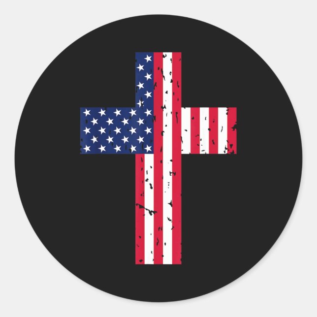 Pegatina Redonda Cross Usa Flag Christian Religious Us America Fait (Anverso)