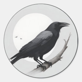Pegatina Redonda Crow con la luna