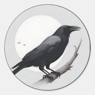 Pegatina Redonda Crow con la luna