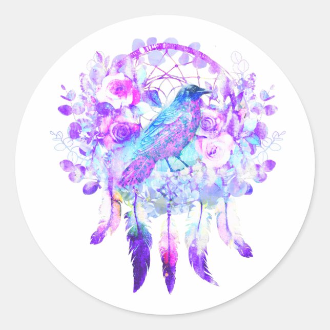 Pegatina Redonda Crow Dreamcatcher Blue Purple Floral (Anverso)