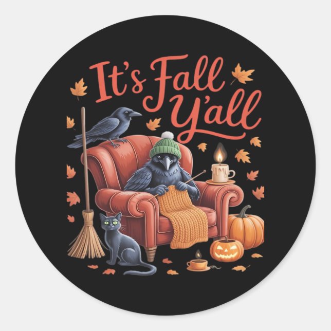 Pegatina Redonda Crow Es Fall Y’all Pumpkins Cae Hallowee de Otoño (Anverso)