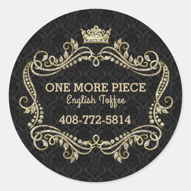 Pegatina Redonda Crown Gold Purpurina y Swirly Floral Frame (Anverso)