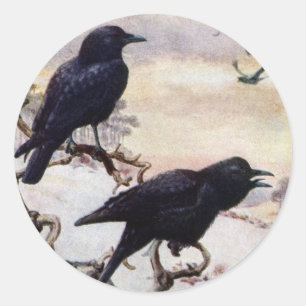 Pegatina Redonda Crows en Ilustracion invernal