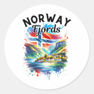 Pegatina Redonda Crucero por los Fiordos de Noruega Bandera Noruega