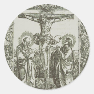 Pegatina Redonda Crucifixión medieval de Jesucristo