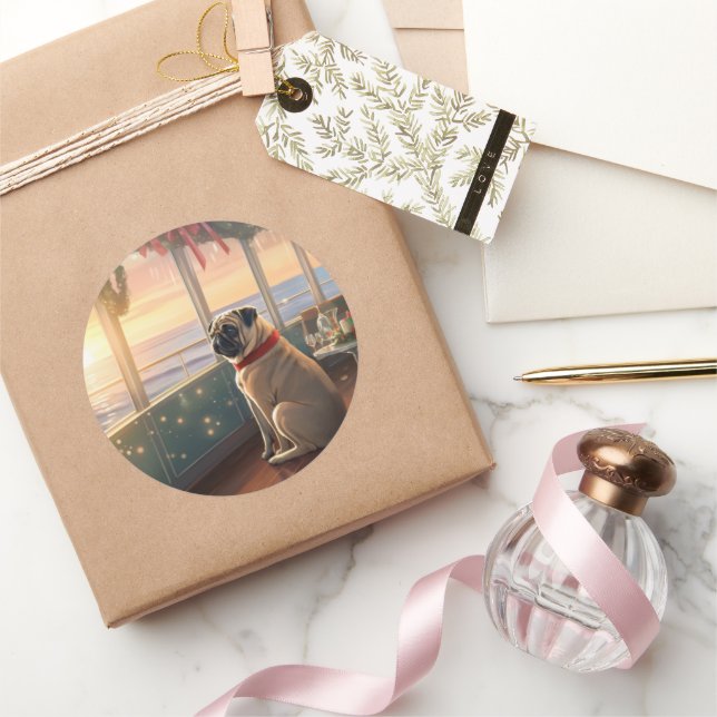 Pegatina Redonda Cruise de Navidades Pug: Atractivo viaje feriado (Regalar)