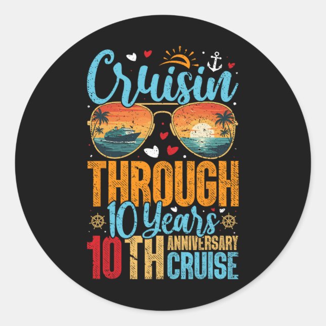 Pegatina Redonda Cruisin Through 10 Years 10th Wedding Anniversary  (Anverso)