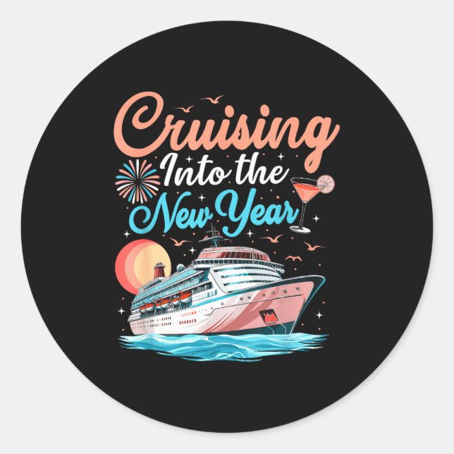 Pegatina Redonda Cruising Into New Years Eve Party Countdown Happy  (Anverso)