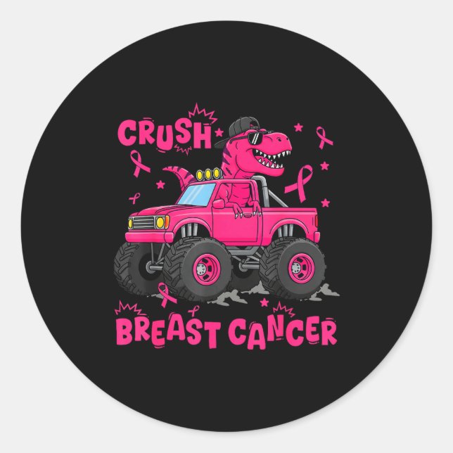 Pegatina Redonda Crush Breast Cancer Awareness Monster Truck Dinosa (Anverso)