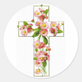 Pegatina Redonda Cruz Blanca Con Flores Rosa