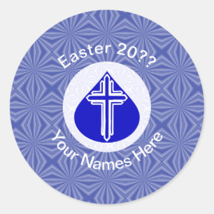Pegatina Redonda Cruz Blanca en Lágrima Azul de Pascua Personalizad