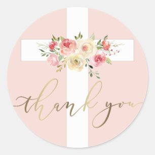 Pegatina Redonda cruz blanca florida Gracias