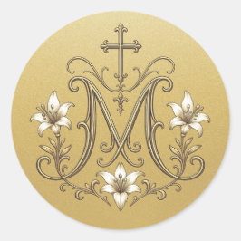 Pegatina Redonda Cruz católica mariana dorada elegante