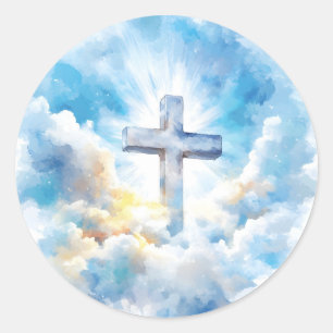 Pegatina Redonda Cruz católica nubes símbolo cristiano religioso