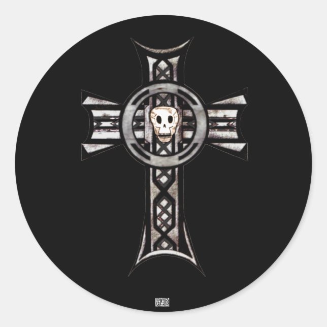 Pegatina Redonda Cruz Celta y Calavera (Plata) (Anverso)