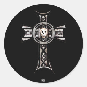 Pegatina Redonda Cruz Celta y Calavera (Plata)