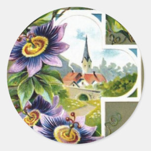 Pegatina Redonda Cruz con las flores del Clematis