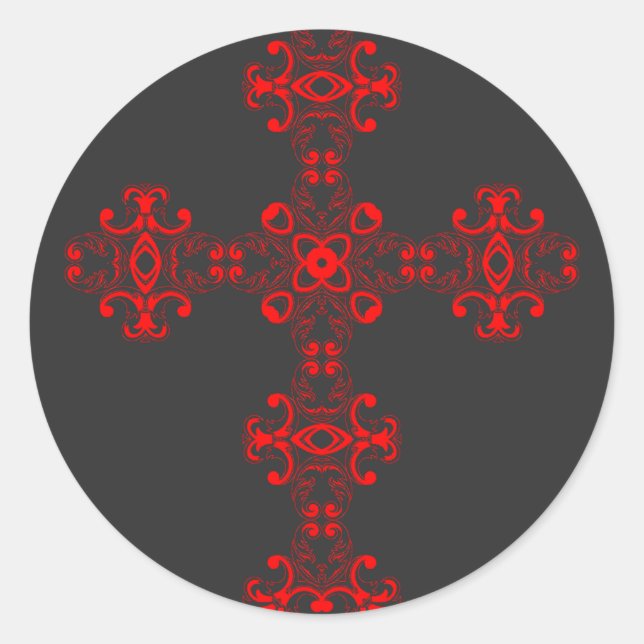 Pegatina Redonda Cruz con ornamento rojo (Anverso)