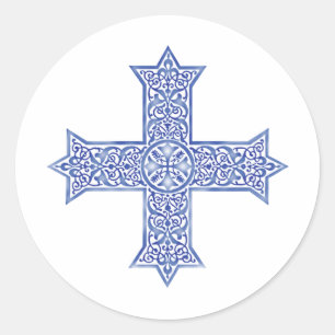 Pegatina Redonda Cruz Copta de Arte en Azul Lapis Premium