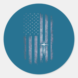 Pegatina Redonda Cruz Cristiana Bandera Americana Grunge