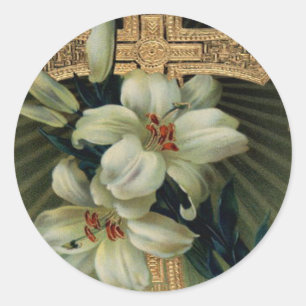 Pegatina Redonda Cruz cristiana de oro lirio de Pascua