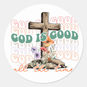Pegatina Redonda Cruz Cristiana Dios es Bueno Todo el Tiempo