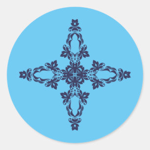 Pegatina Redonda Cruz Cristiana en Arte Azul Celeste