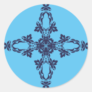 Pegatina Redonda Cruz Cristiana en Arte Azul Celeste