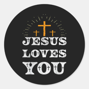 Pegatina Redonda Cruz Cristiana Fe Jesús Te Ama 