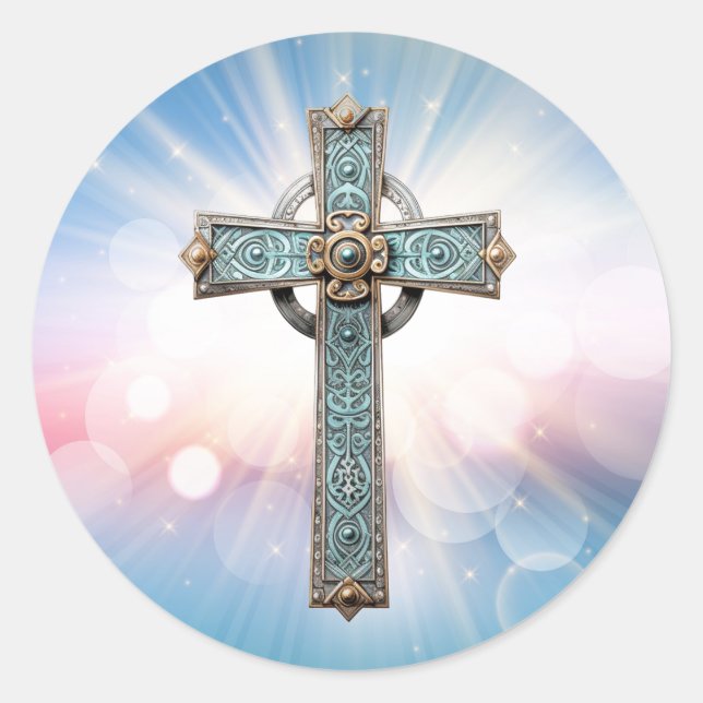Pegatina Redonda Cruz Cristiana Ornate (Anverso)