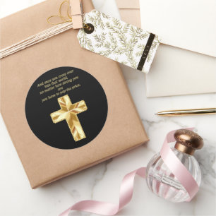 Pegatina Redonda Cruz Crucifijo Cristiana de Oro con un dicho graci