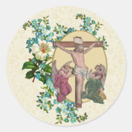 Pegatina Redonda Cruz Crucifixión Religiosa Jesús Ángeles