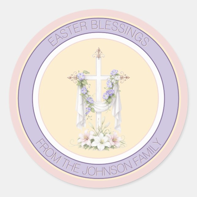 Pegatina Redonda Cruz de bendiciones de Pascua con lirios (Anverso)
