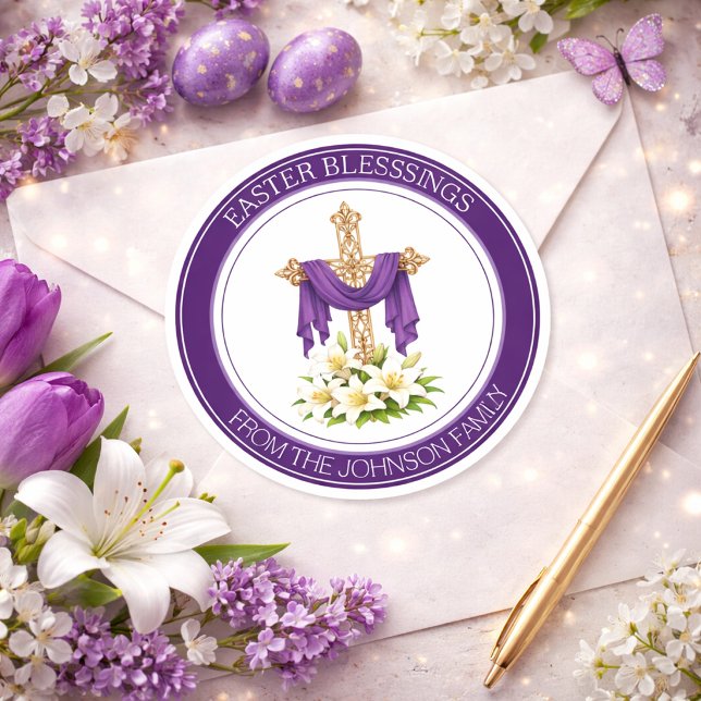 Pegatina Redonda Cruz de bendiciones de Pascua con lirios (Subido por el creador)